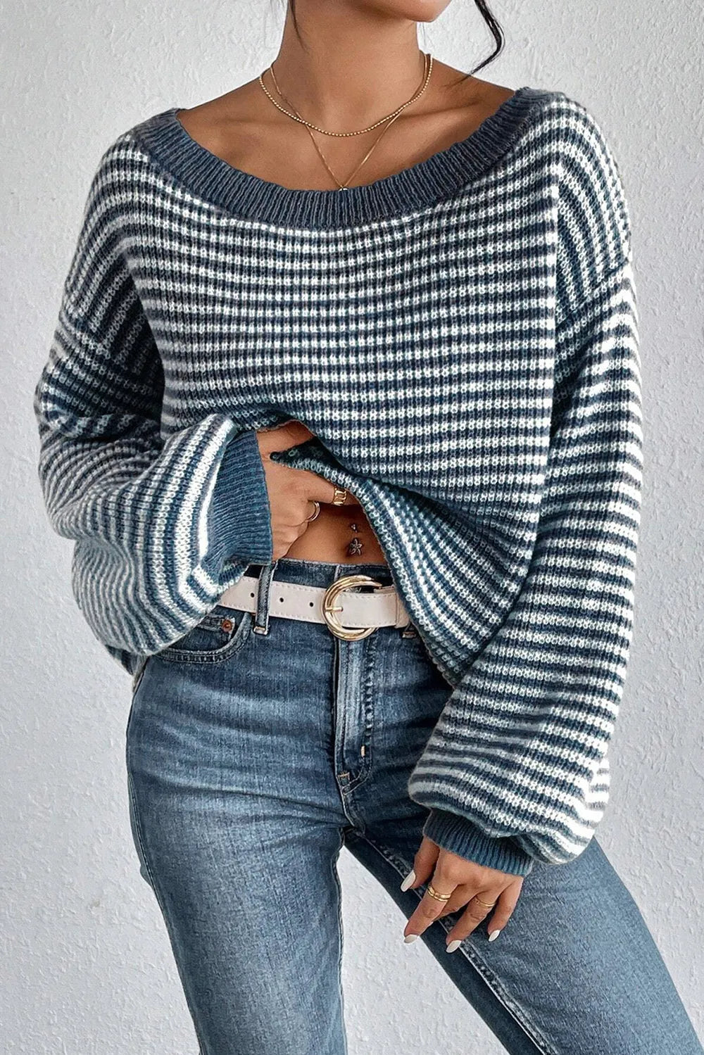 Stylish Striped Boat Neck Long Sleeve Sweater - Slightly Stretchy, 65% Acrylic Blend