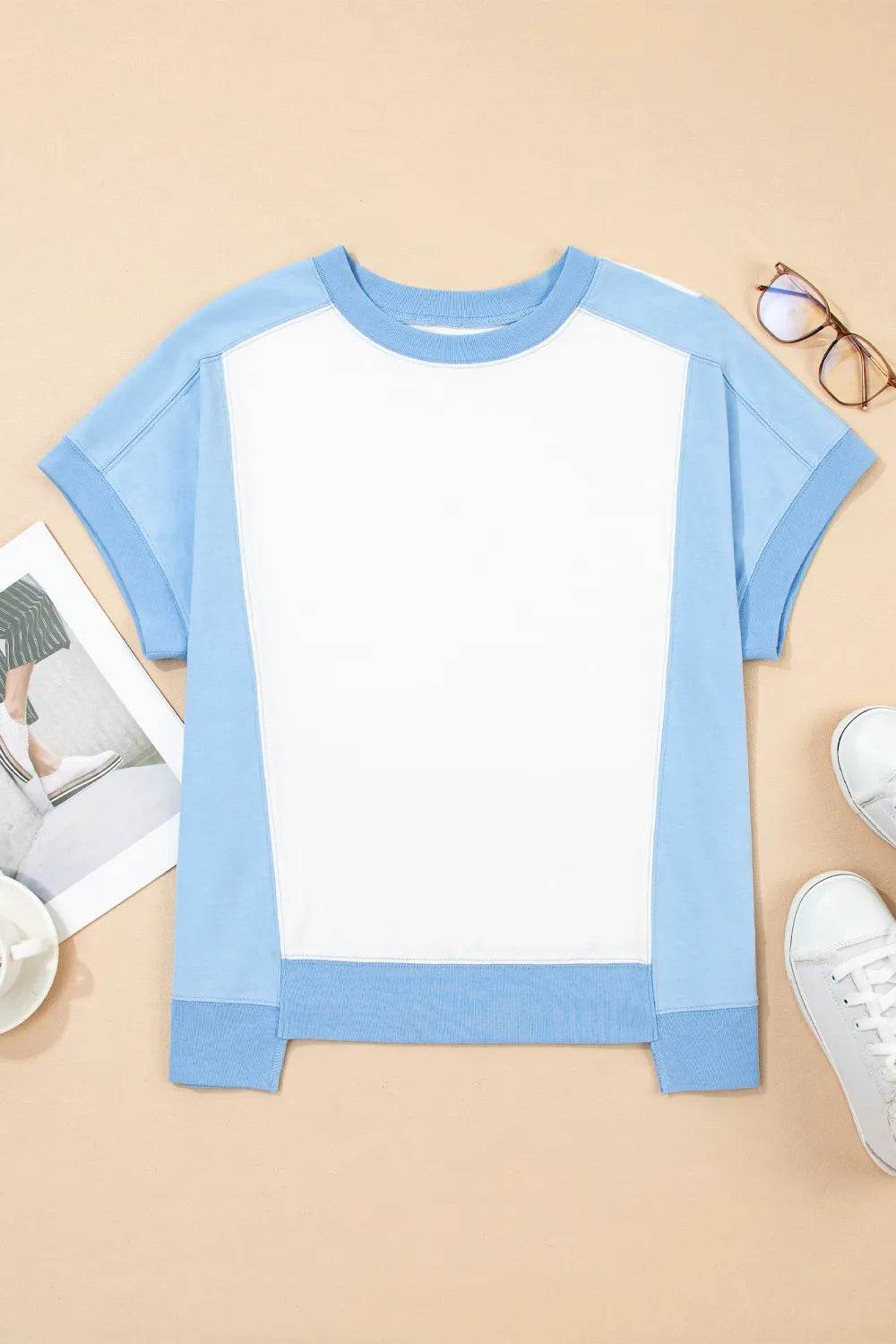 Stylish Color Block Crew Neck T-Shirt with Exposed Seams - Soft Cotton Blend, Slightly Stretchy - Store 42
