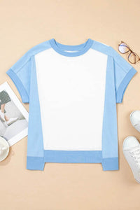 Stylish Color Block Crew Neck T-Shirt with Exposed Seams - Soft Cotton Blend, Slightly Stretchy - Store 42