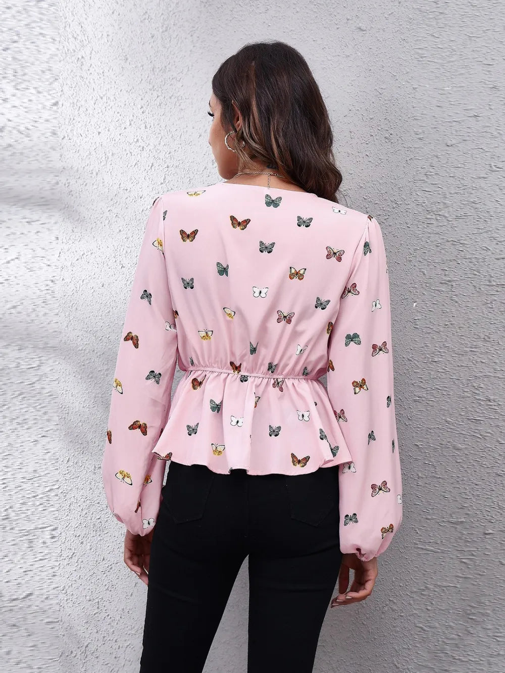 Chic Butterfly V-Neck Peplum Blouse with Balloon Sleeves - 100% Polyester, Opaque Fit