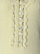 Lace Trim Ribbed Long Sleeve T-Shirt with Button Detail - Slightly Stretchy, Soft Fabric Flare - Store 42