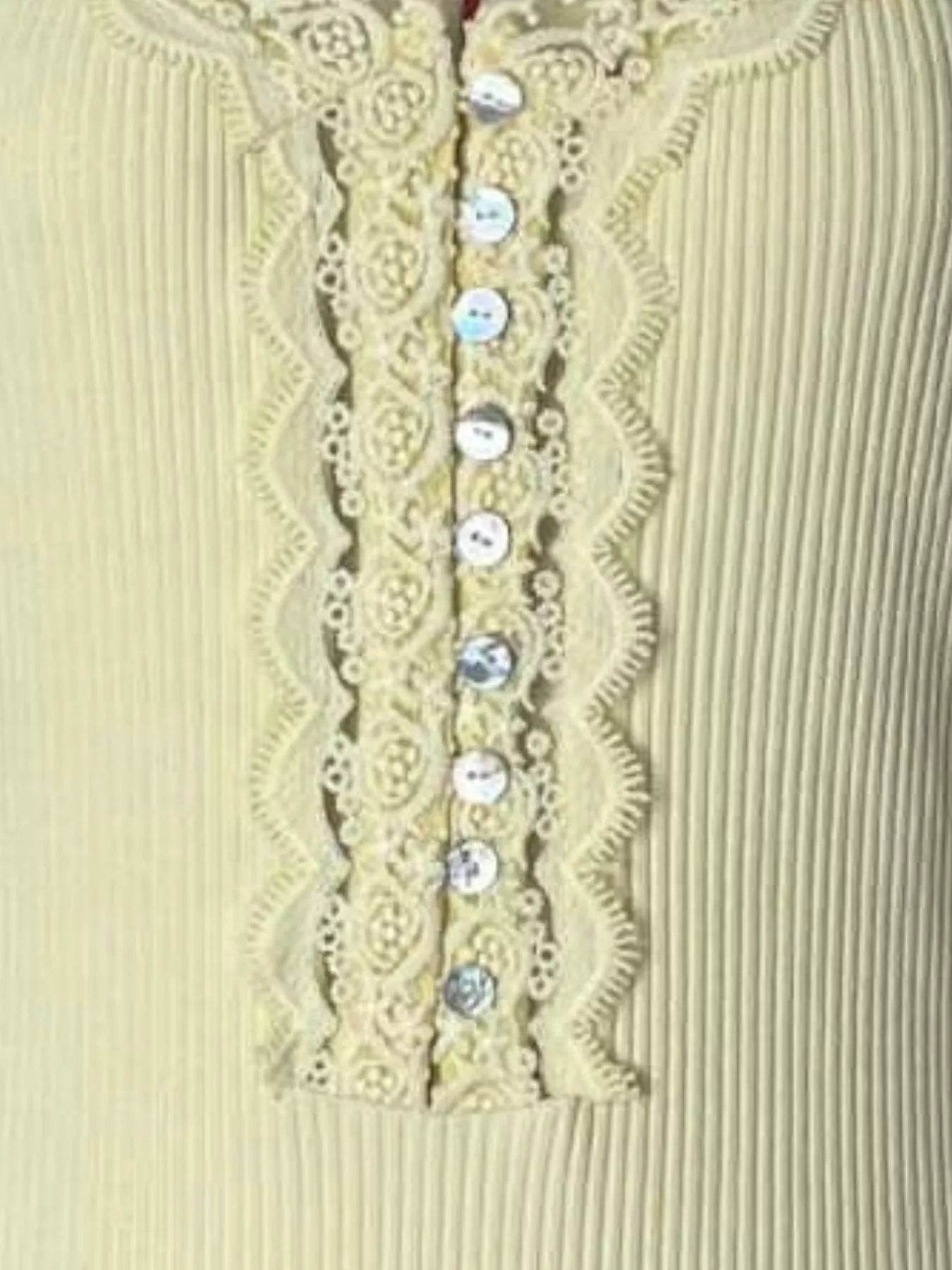 Lace Trim Ribbed Long Sleeve T-Shirt with Button Detail - Slightly Stretchy, Soft Fabric Flare - Store 42