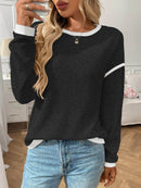 Slightly Stretchy Ribbed Long Sleeve Top with Contrast Trim - Elegant Basic Style - Store 42