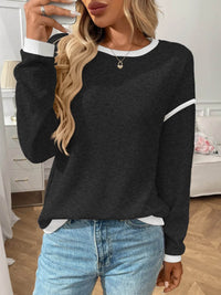 Slightly Stretchy Ribbed Long Sleeve Top with Contrast Trim - Elegant Basic Style - Store 42