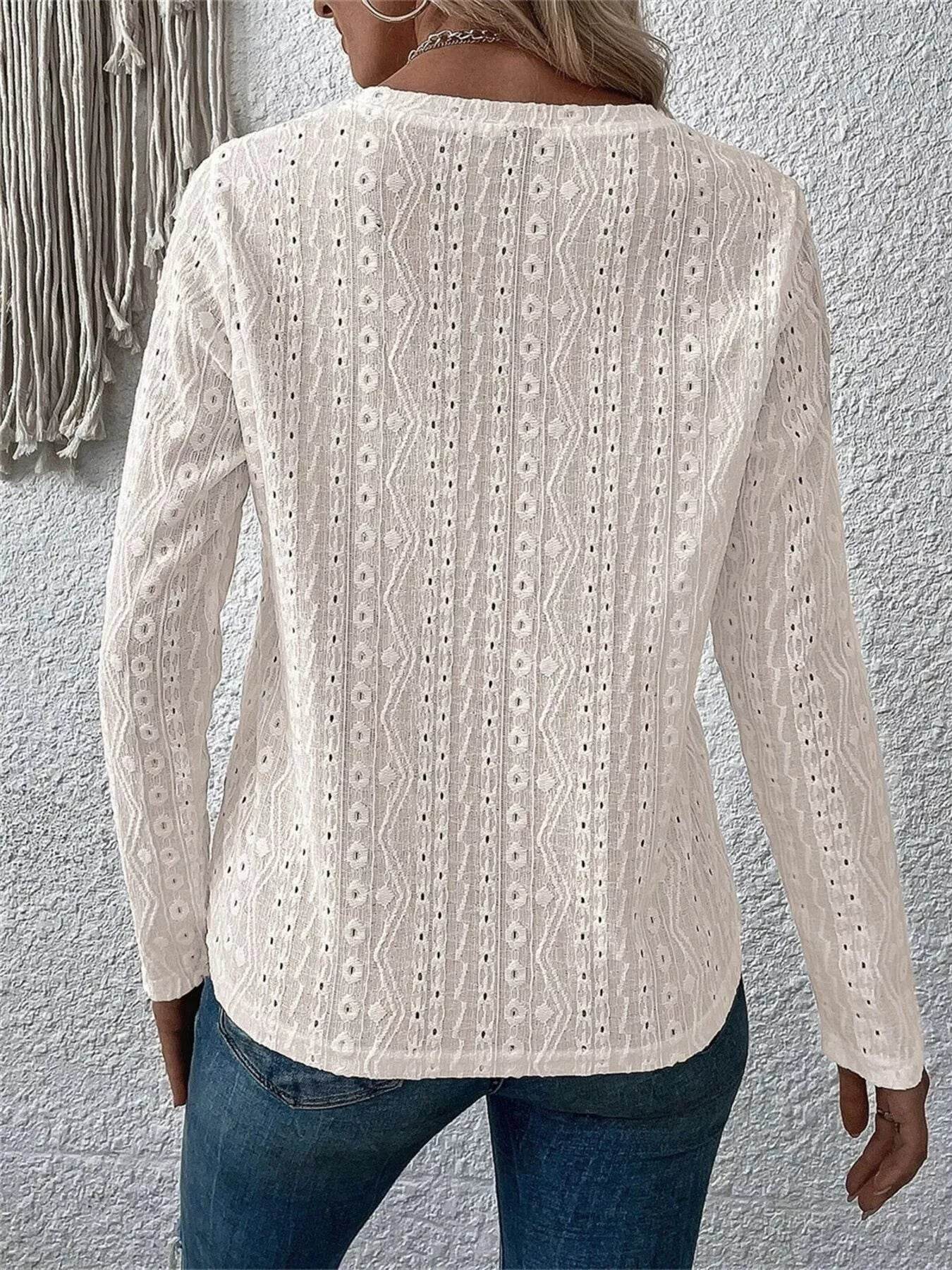Full Size Eyelet Round Neck Long Sleeve Blouse Plus Size - Store 42