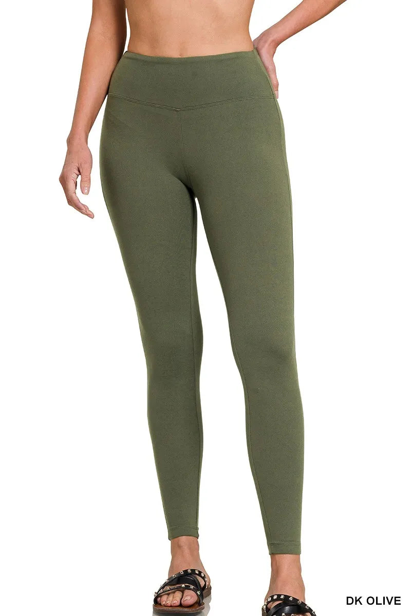 Olive Green High-Waisted Microfiber Leggings with Tummy Control & Moisture-Wicking Fabric