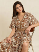 Lace Detail Printed Short Sleeve Midi Dress