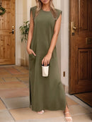 Full Size Slit Round Neck Sleeveless Maxi Tank Dress Plus Size Moss
