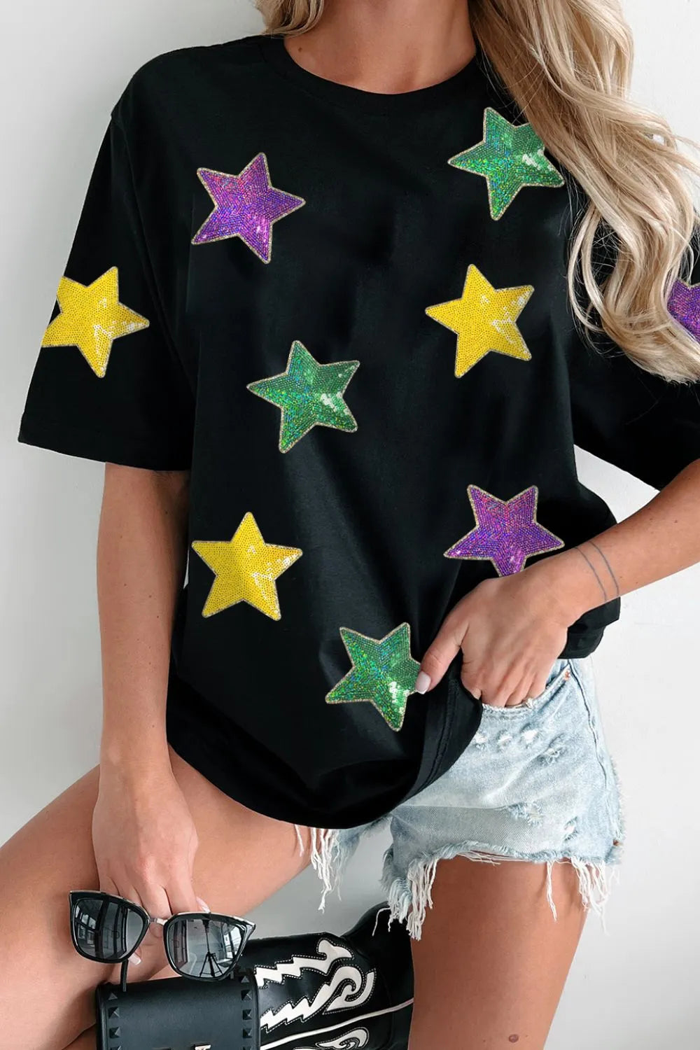 Trendy Sequin Stars Patched Round Neck T-Shirt - Soft Stretch Fabric, Opaque Design