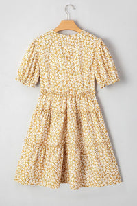 Floral Short Sleeve Surplice Frilly Tiered Mini Dress
