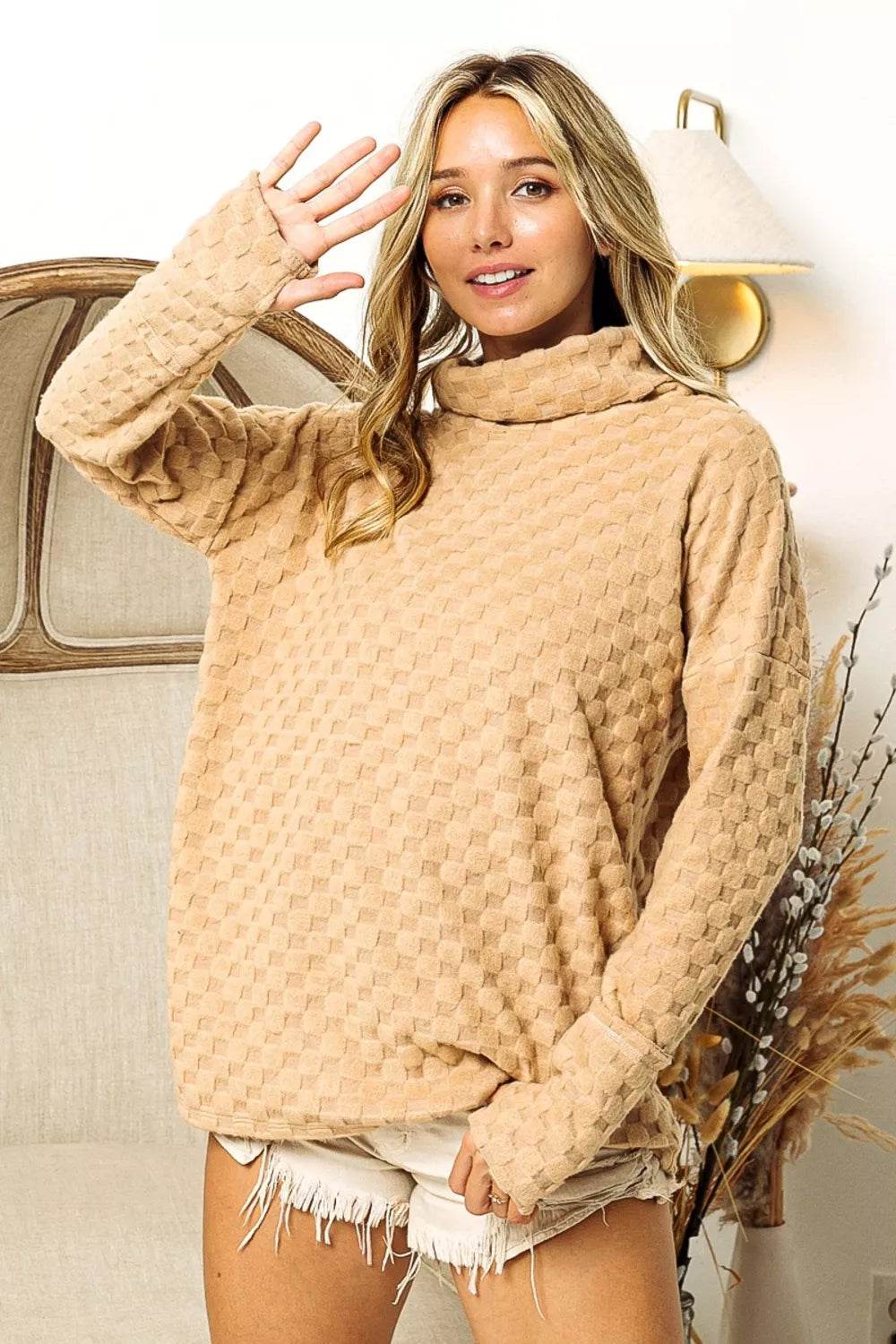 BiBi Checkered Round Neck Thumbhole Long Sleeve Top - Store 42