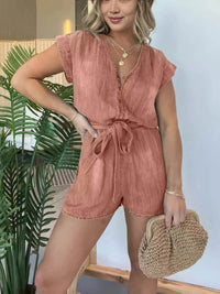 Full Size Tie Waist Cap Sleeve Denim Romper Plus Size - Store 42
