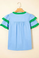 Contrast Notched Neck Frilly Detail Short Sleeve Blouse