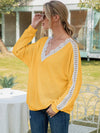 Ivy Lane Long Sleeve V-Neck Top with Lace Contrast and Dropped Shoulders - Store 42