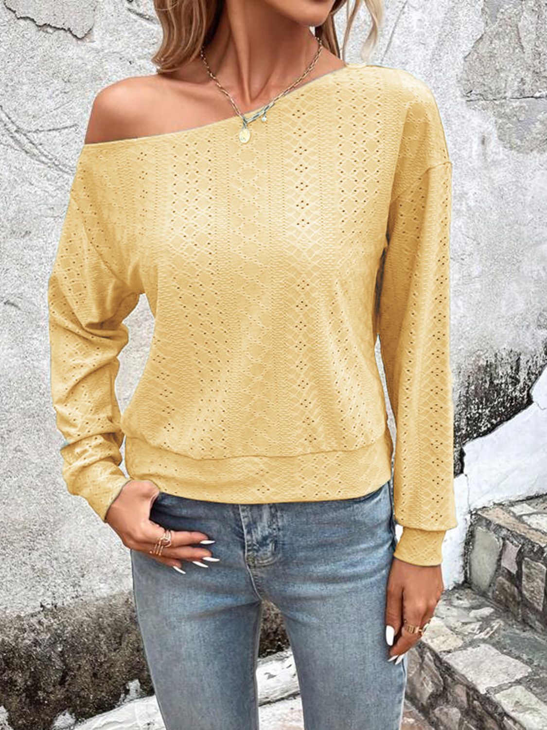 Woman's Eyelet One Shoulder Blouse with Long Sleeves - Urban Solid Style, Semi-Sheer Fabric