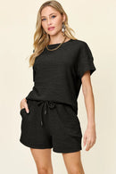 Double Take Full Size Texture Short Sleeve T-Shirt and Drawstring Shorts Set Black