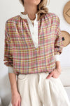 Mulit-Color Plaid Round Neck Long Sleeve Blouse Dusty Pink