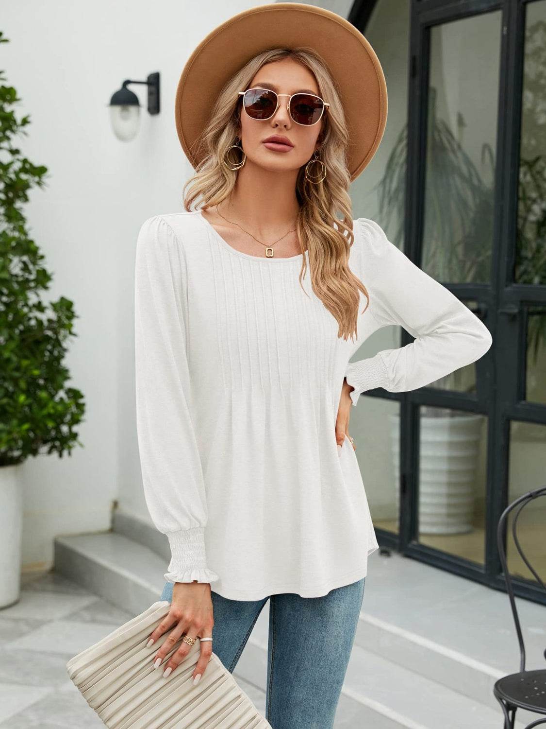 Stylish Smocked Round Neck Blouse With Lantern Sleeves - Opaque 65% Rayon, 35% Polyester - Store 42