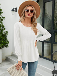 Stylish Smocked Round Neck Blouse With Lantern Sleeves - Opaque 65% Rayon, 35% Polyester - Store 42