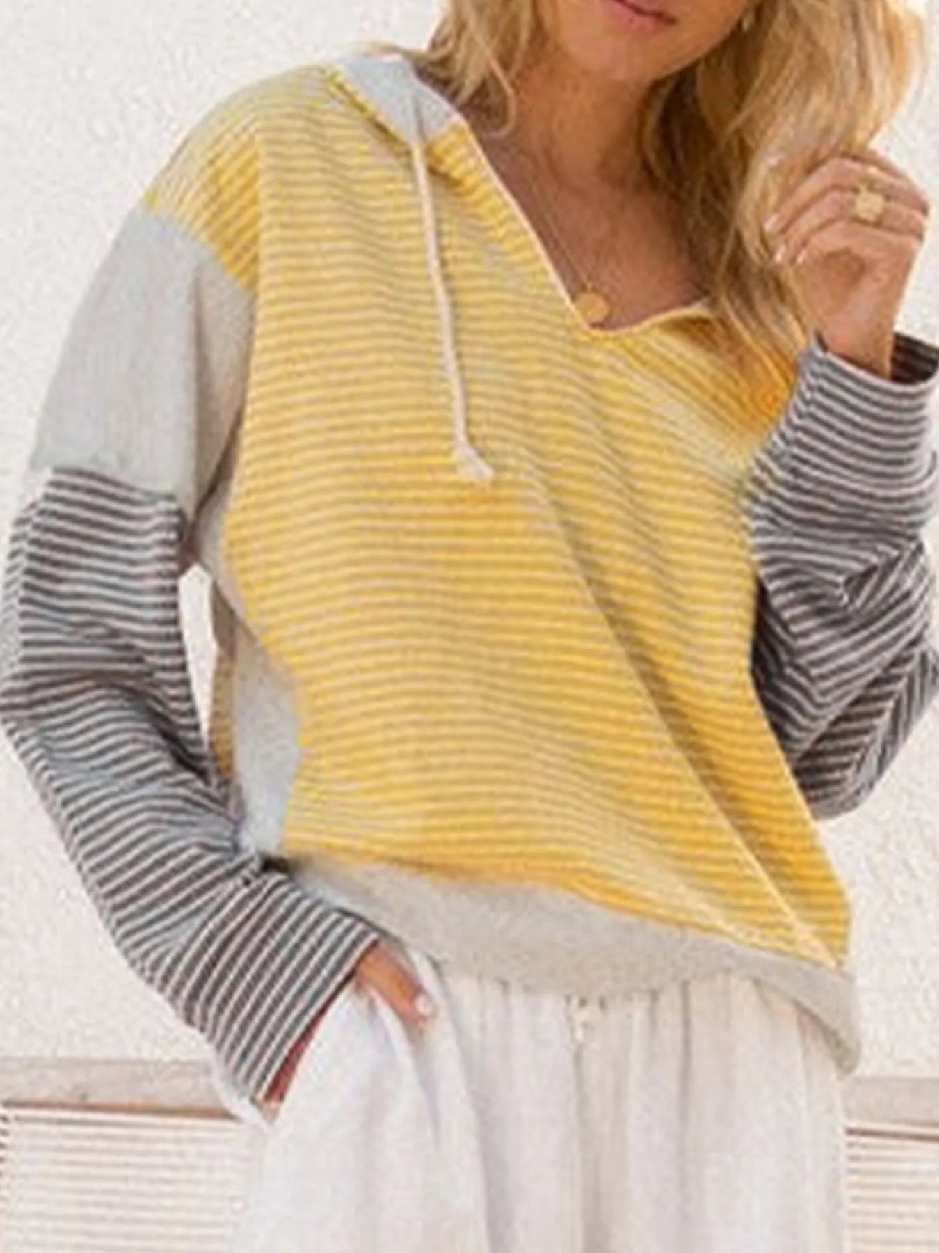 Trendy Striped Color Block Hoodie with Drawstring - Soft Cotton Blend, Slightly Stretchy