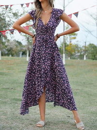 Printed Surplice Ruffle Sleeve Dress