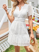 Eyelet Notched Short Sleeve Dress
