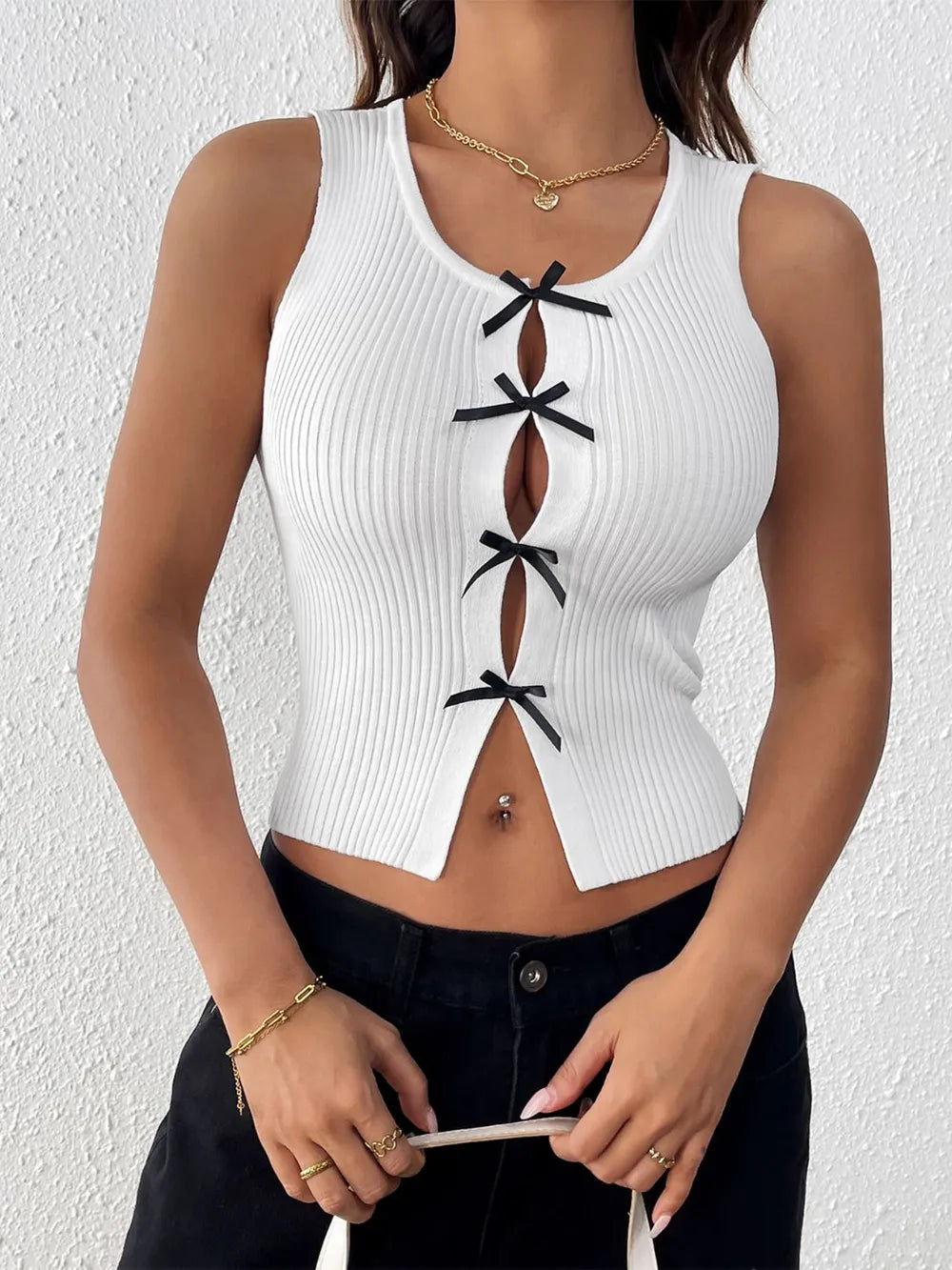 Perfee Women's Bow Front Round Neck Tank Top - Opaque, Moderate Stretch, 100% Polyester