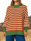 Striped Round Neck Long Sleeve Sweater Terracotta