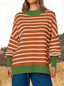 Striped Round Neck Long Sleeve Sweater Terracotta