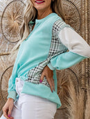 Color Block Plaid Notched Long Sleeve Top