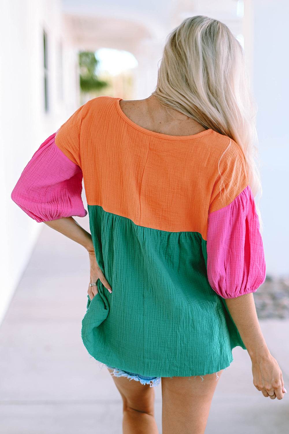 Trendsi Color Block V-Neck Babydoll Blouse with Three-Quarter Sleeves in 100% Cotton