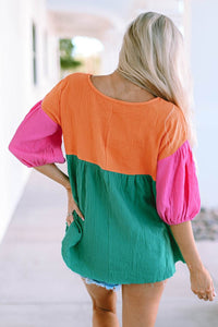 Trendsi Color Block V-Neck Babydoll Blouse with Three-Quarter Sleeves in 100% Cotton - Store 42