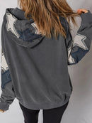 Star Patchwork Contrast Stitching Mineral Wash Kangaroo Pocket Hoodie