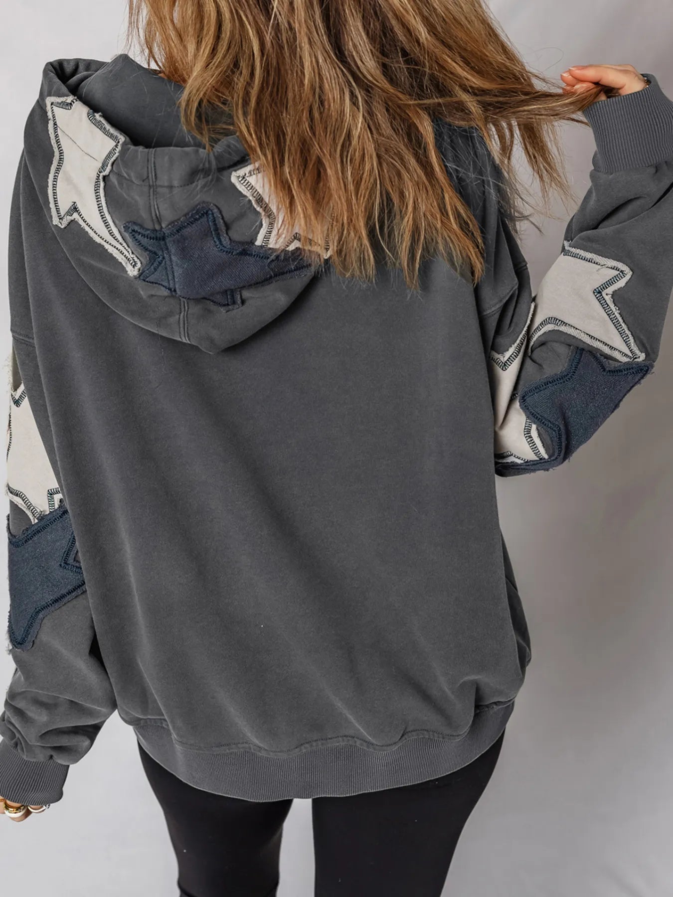 Star Patchwork Contrast Stitching Mineral Wash Kangaroo Pocket Hoodie
