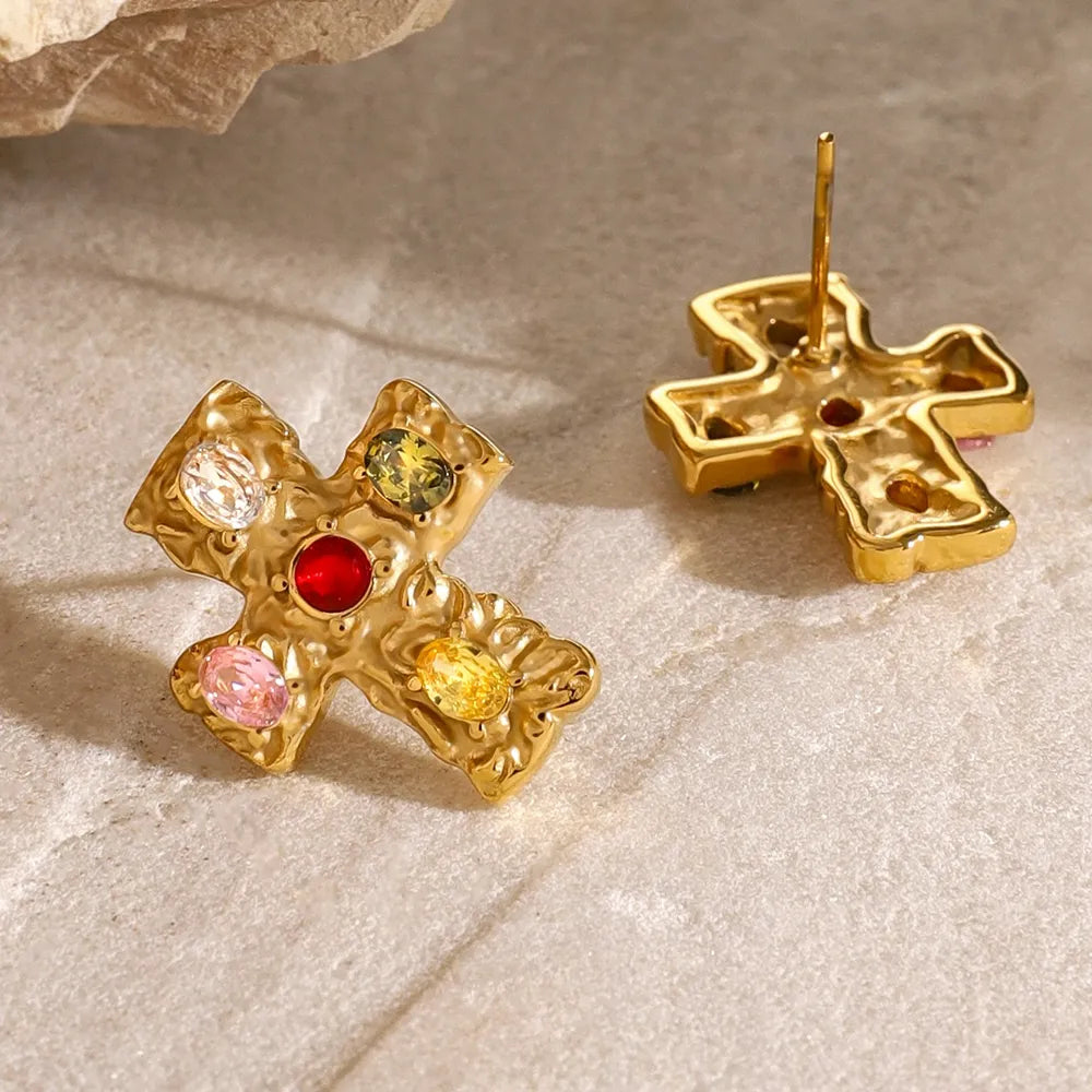 Elegant 18K Gold-Plated Cross Earrings with Zircon Accents - Chic Jewelry for Every Occasion