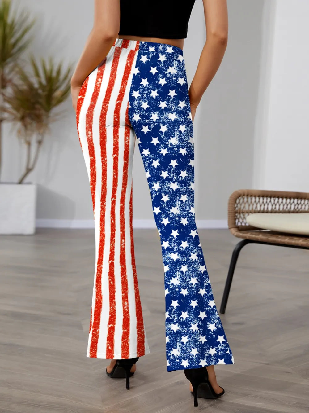 FAM-FAM High Waist Bootcut Pants - Star & Stripes Design, Opaque, Polyester Blend