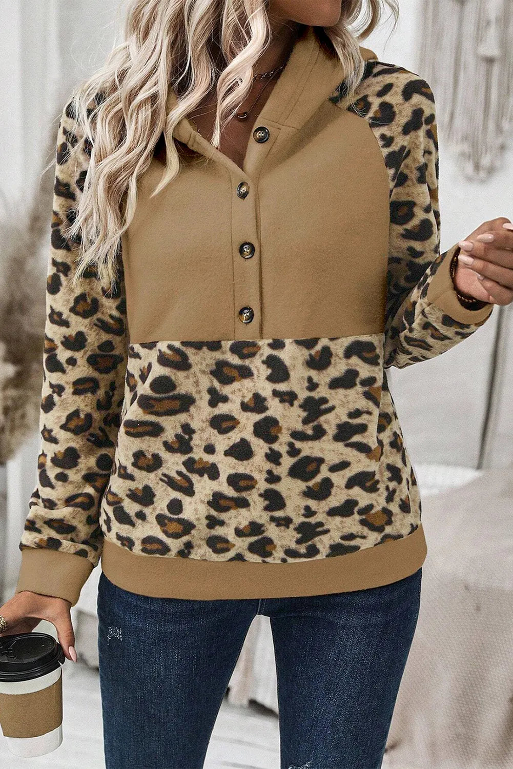 Trendy Leopard Pattern Half Button Long Sleeve Hoodie - Opaque, Slightly Stretchy Material