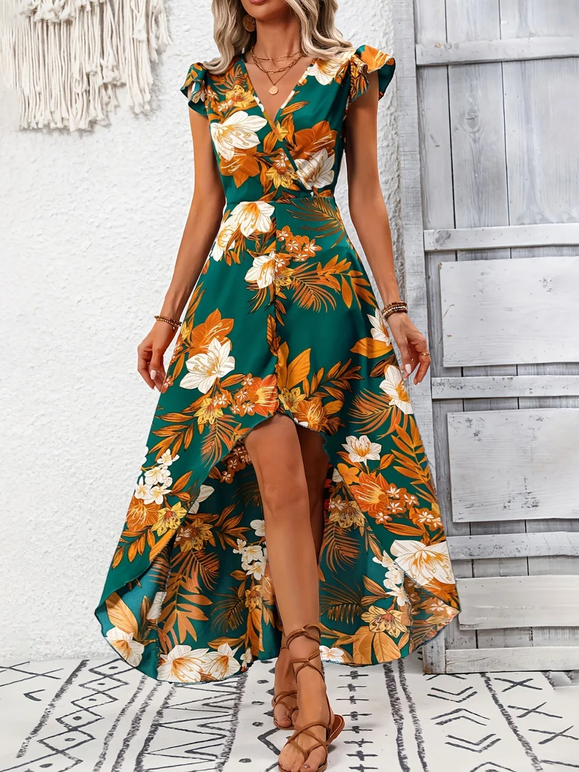 Trendy High-Low Printed Cap Sleeve Maxi Dress - 100% Polyester, Machine Washable, Stylish Cut