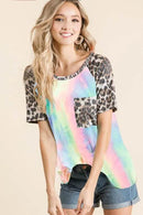 Trendy Tie Dye Knit Top with Leopard Raglan Sleeves - Casual & Edgy Style for Women - Store 42