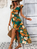 High-Low Printed Cap Sleeve Maxi Dress