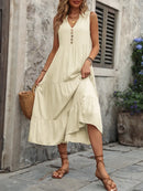 Ivy Lane Decorative Button Notched Sleeveless Dress Beige
