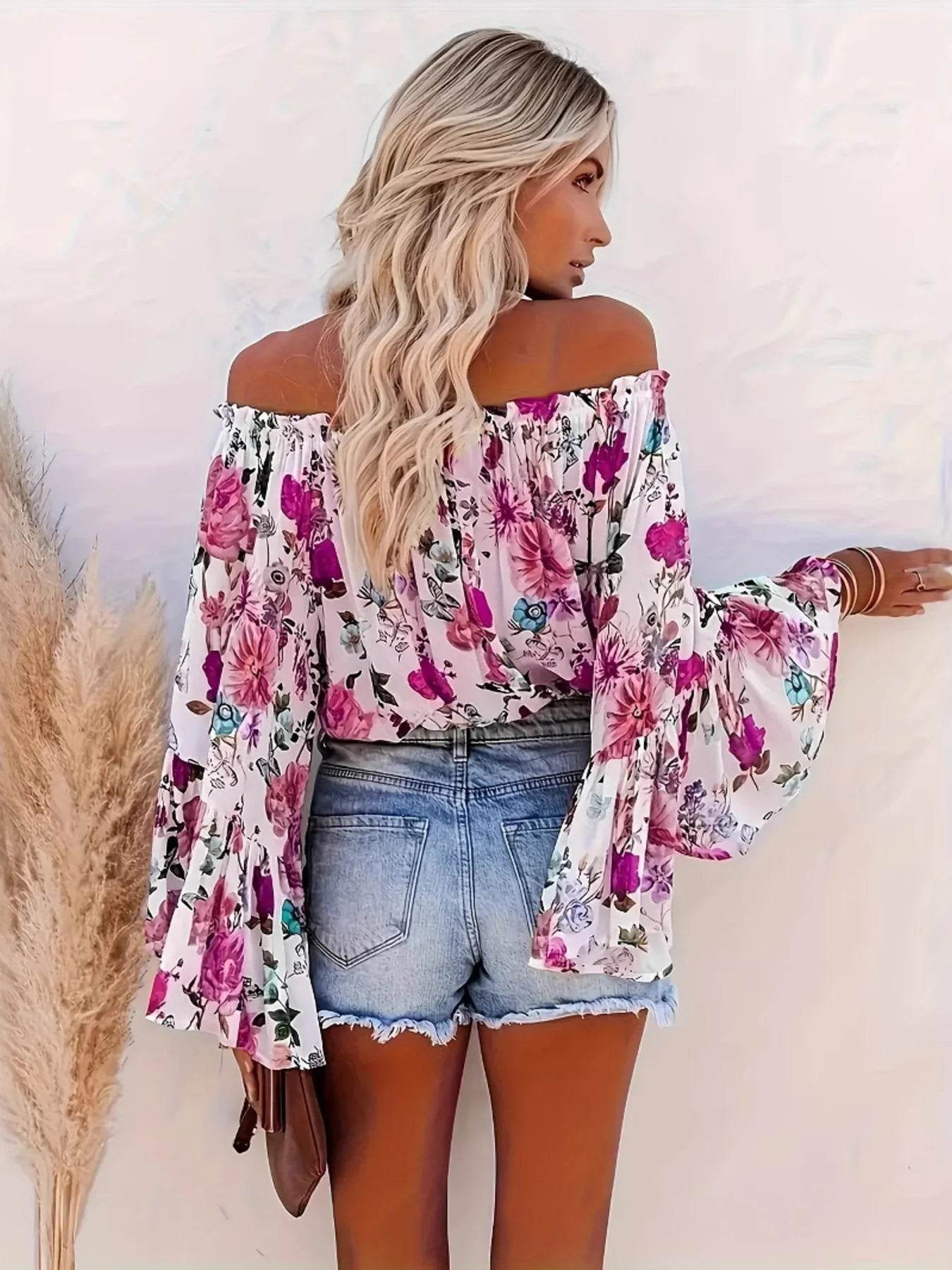 Full Size Floral Off-Shoulder Bell Sleeve Blouse Plus Size - Store 42