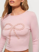 Fitted Long Sleeve T-Shirt with Bow Detail - 100% Polyester, Slightly Stretchy Style - Store 42