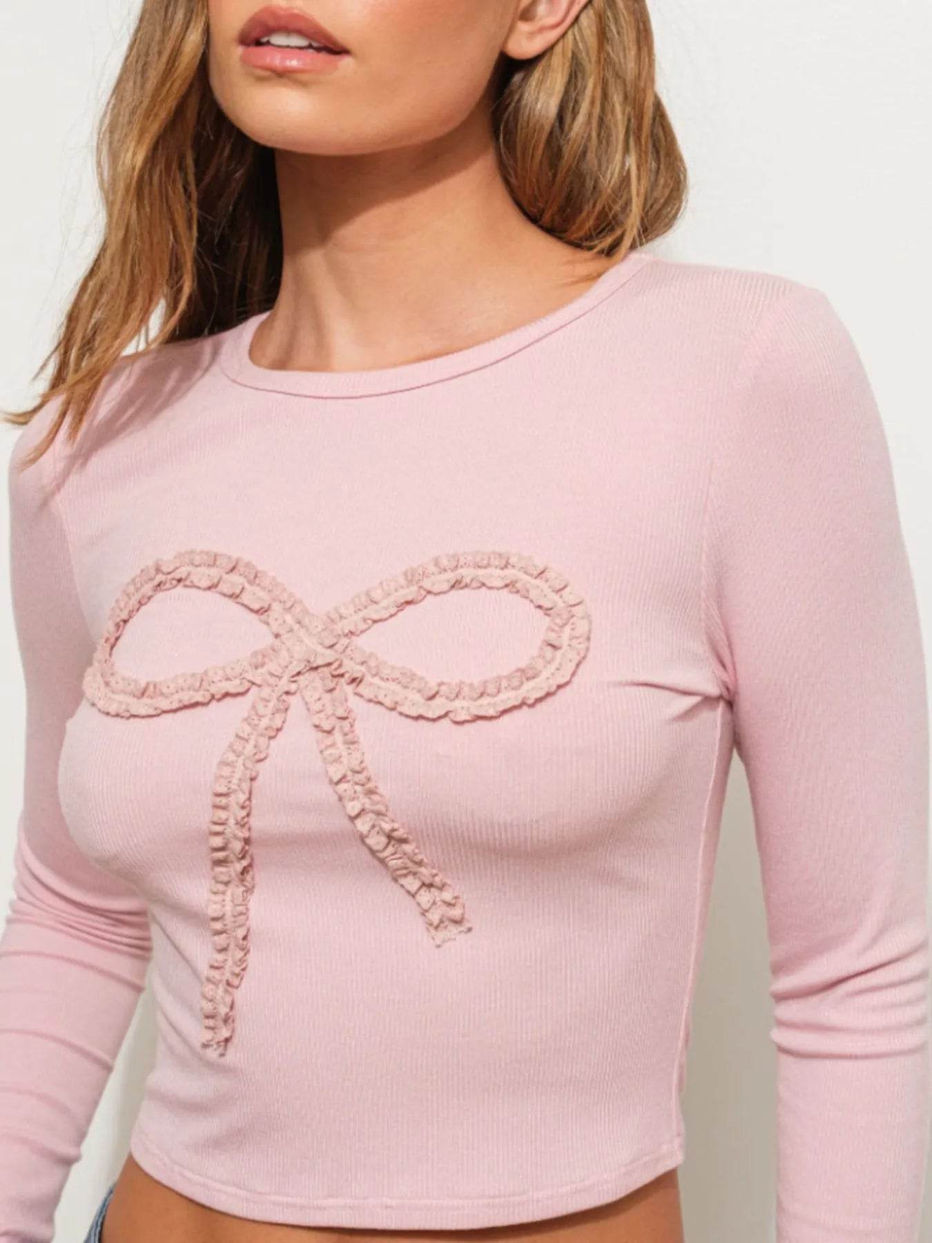 Fitted Long Sleeve T-Shirt with Bow Detail - 100% Polyester, Slightly Stretchy Style - Store 42