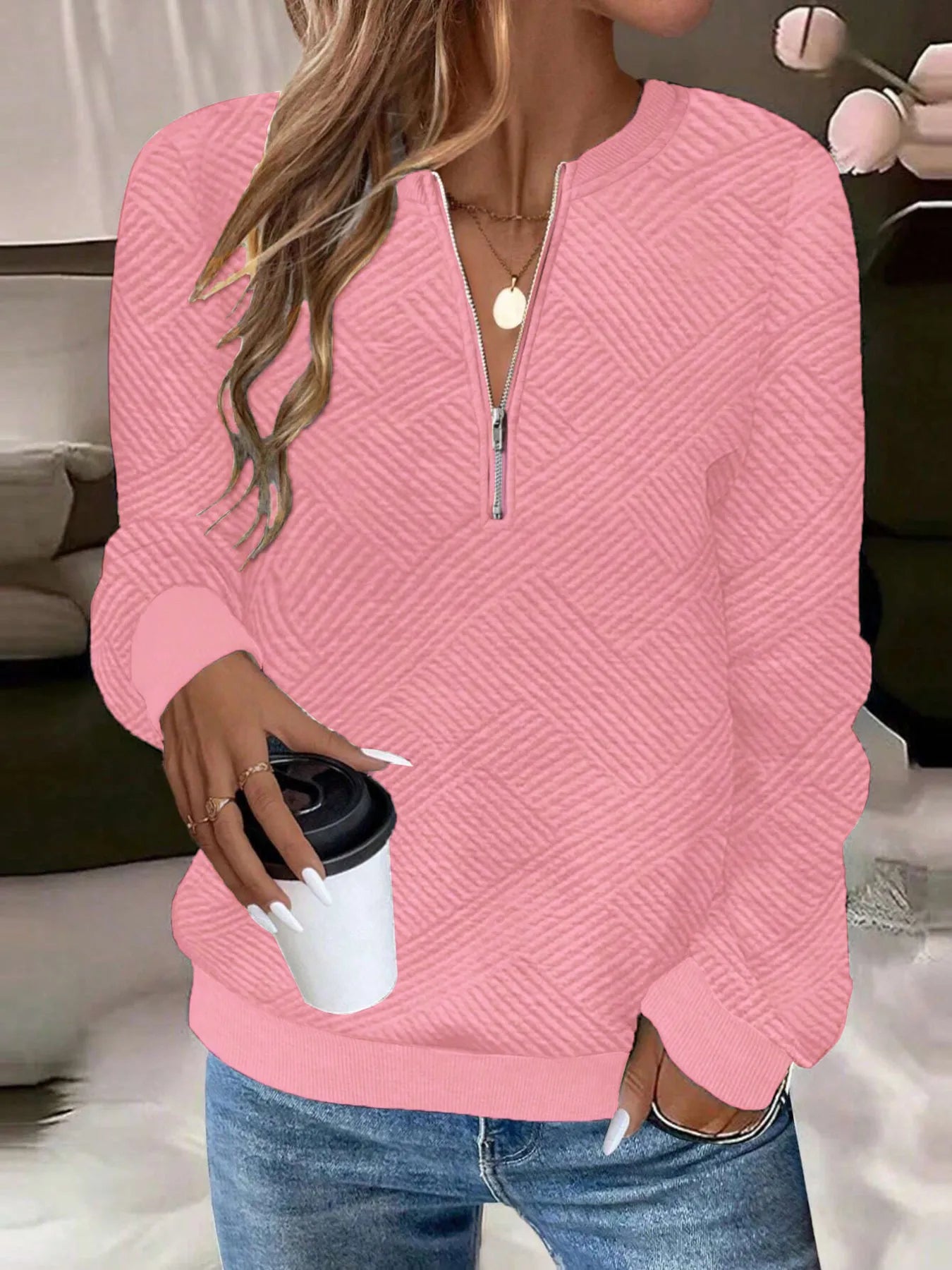 Quarter Zip Textured Long Sleeve Sweatshirt Pink