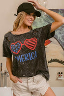 BiBi 4th Of July Theme Mineral Washed Laser Cut Top - Store 42