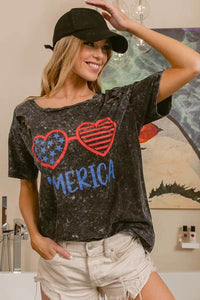 BiBi 4th Of July Theme Mineral Washed Laser Cut Top - Store 42