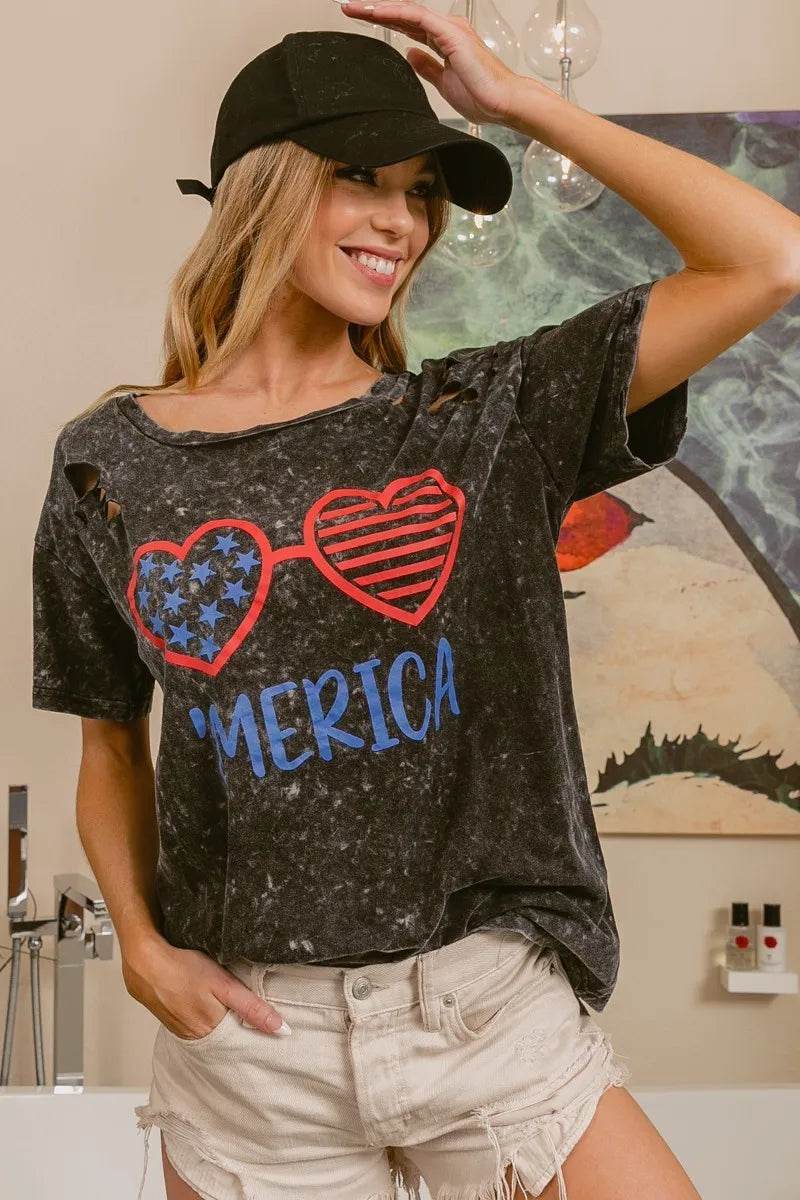 BiBi 4th Of July Theme Mineral Washed Laser Cut Top - Store 42