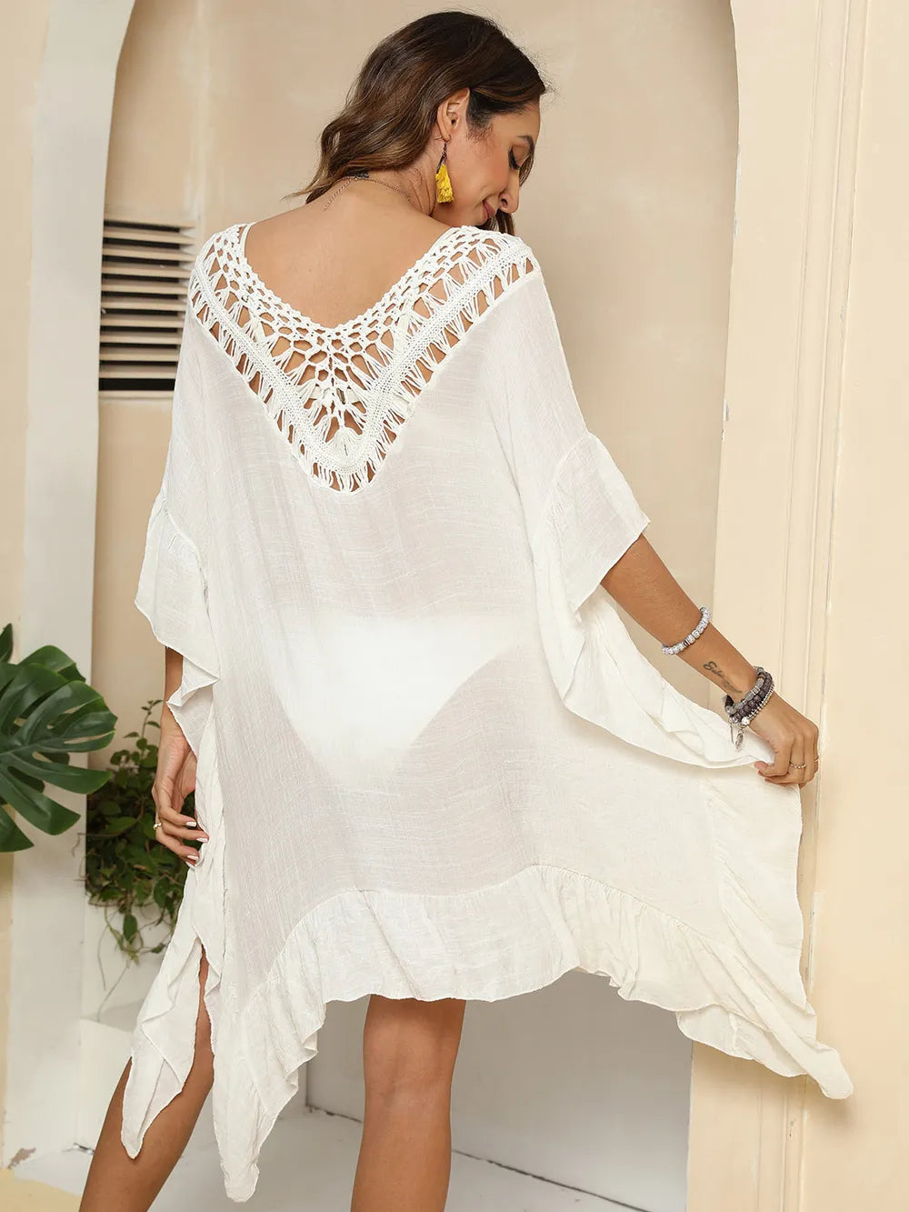 Semi-Sheer Cutout Ruffled Half Sleeve Cover-Up - 100% Polyester, Machine Washable