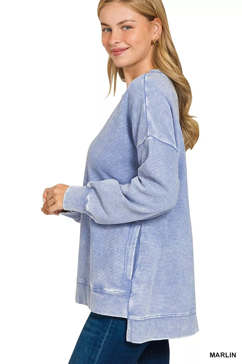 Zenana Full Size Acid Washed Double Ribbed Hi-low Sweatshirt Plus Size